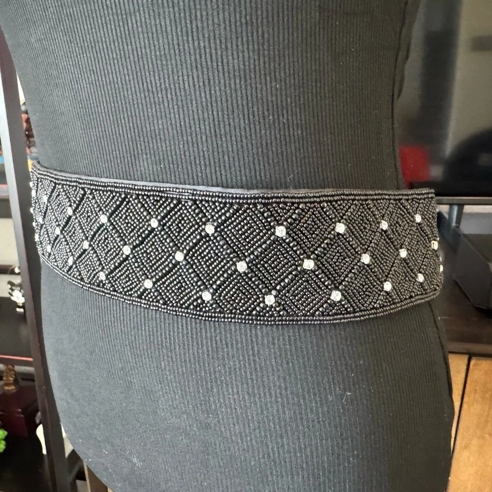 Magid Black Beaded Belt with Rhinestones